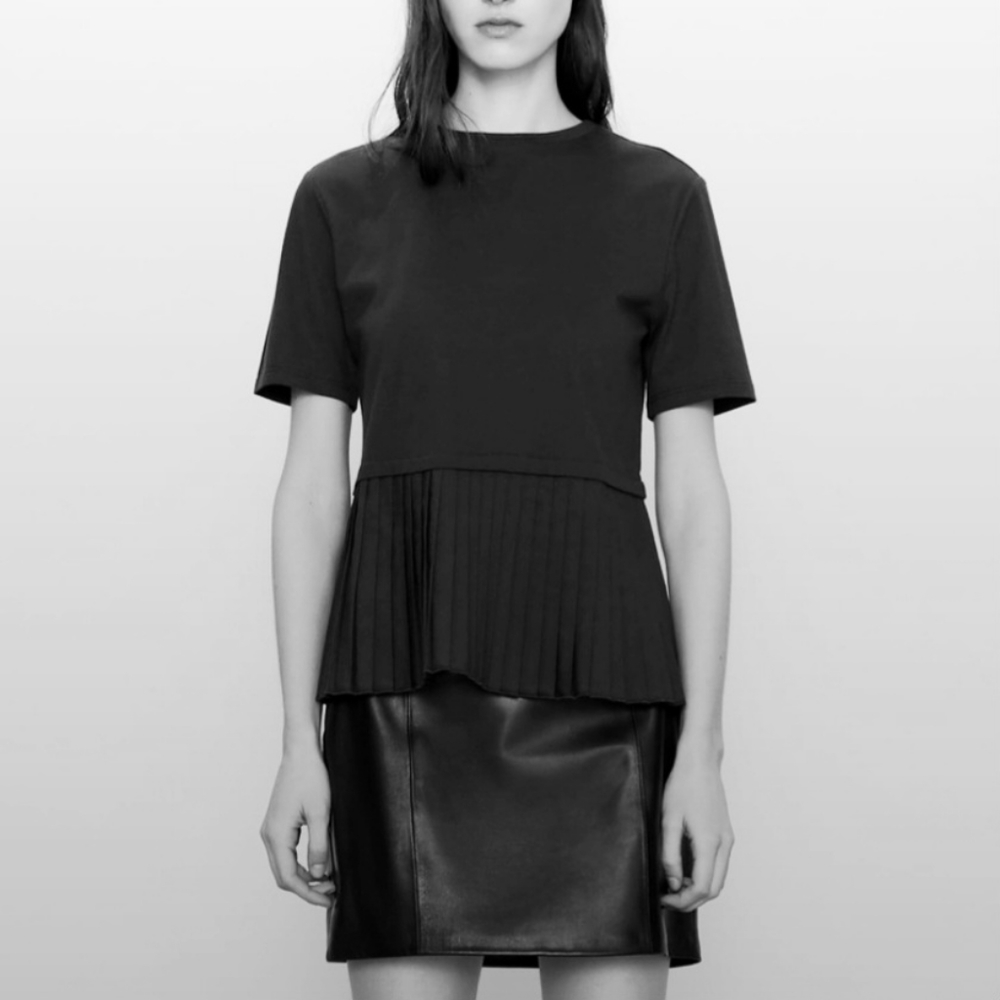 ZARA | Black Peplum Pleated Cotton Tee Shirt School-Girl Top Women's Size Small